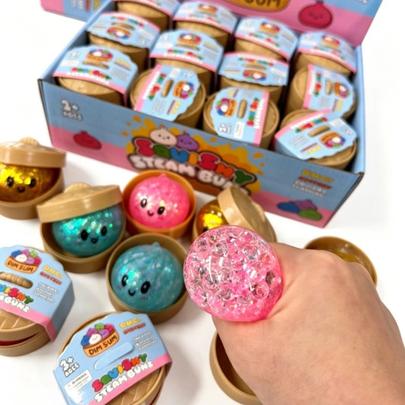 Glitter Dumpling Squishy with Box Dumplings Sensory Steamer Soft TPR Dough Ball for Decompression Fidget Toy Stress Relief Gift