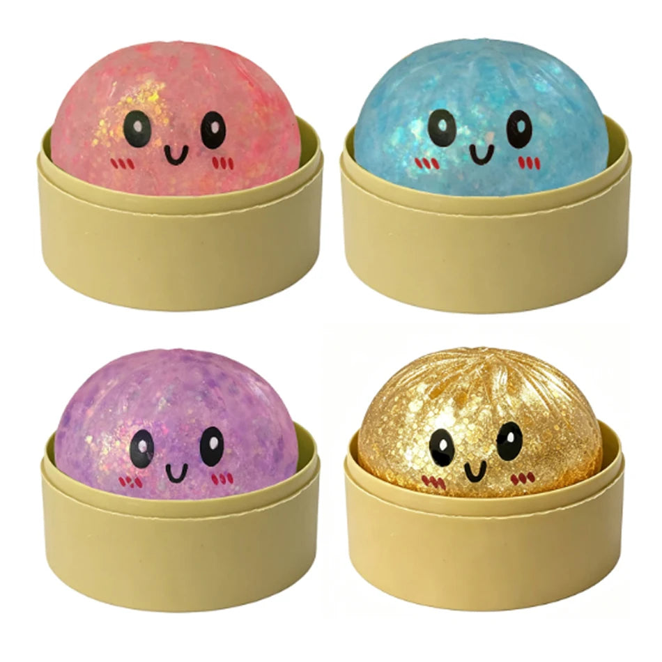 Glitter Dumpling Squishy with Box Dumplings Sensory Steamer Soft TPR Dough Ball for Decompression Fidget Toy Stress Relief Gift