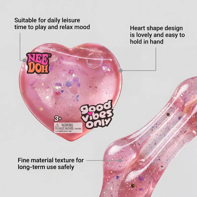 NeeDoh Heart Shaped Squeeze Toy, Glitter Filled Stress Relief Fidget Toy, Soft TPR Squishy for Kids Adults Anxiety Relief Gift