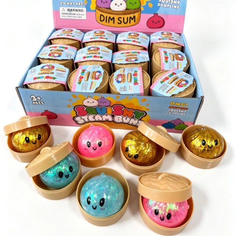 Glitter Dumpling Squishy with Box Dumplings Sensory Steamer Soft TPR Dough Ball for Decompression Fidget Toy Stress Relief Gift