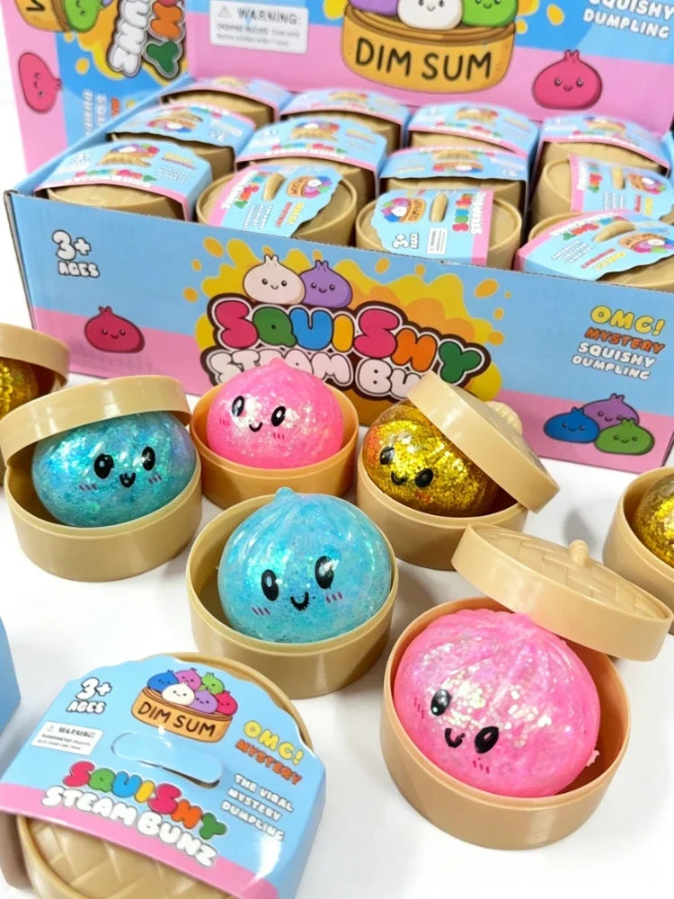Glitter Dumpling Squishy with Box Dumplings Sensory Steamer Soft TPR Dough Ball for Decompression Fidget Toy Stress Relief Gift