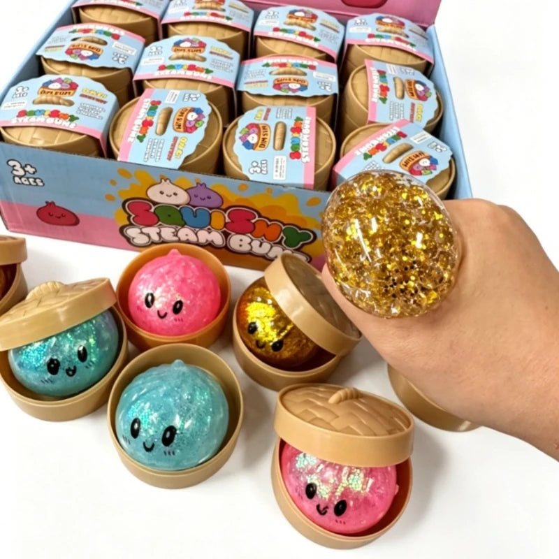 Glitter Dumpling Squishy with Box Dumplings Sensory Steamer Soft TPR Dough Ball for Decompression Fidget Toy Stress Relief Gift