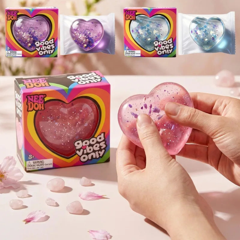 NeeDoh Heart Shaped Squeeze Toy, Glitter Filled Stress Relief Fidget Toy, Soft TPR Squishy for Kids Adults Anxiety Relief Gift