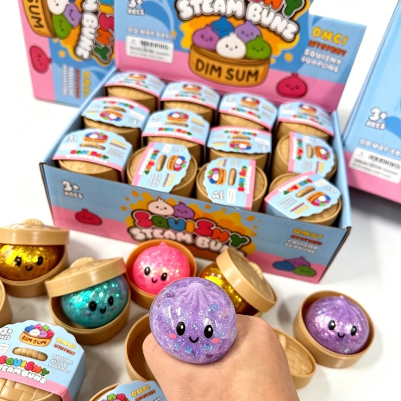 Glitter Dumpling Squishy with Box Dumplings Sensory Steamer Soft TPR Dough Ball for Decompression Fidget Toy Stress Relief Gift