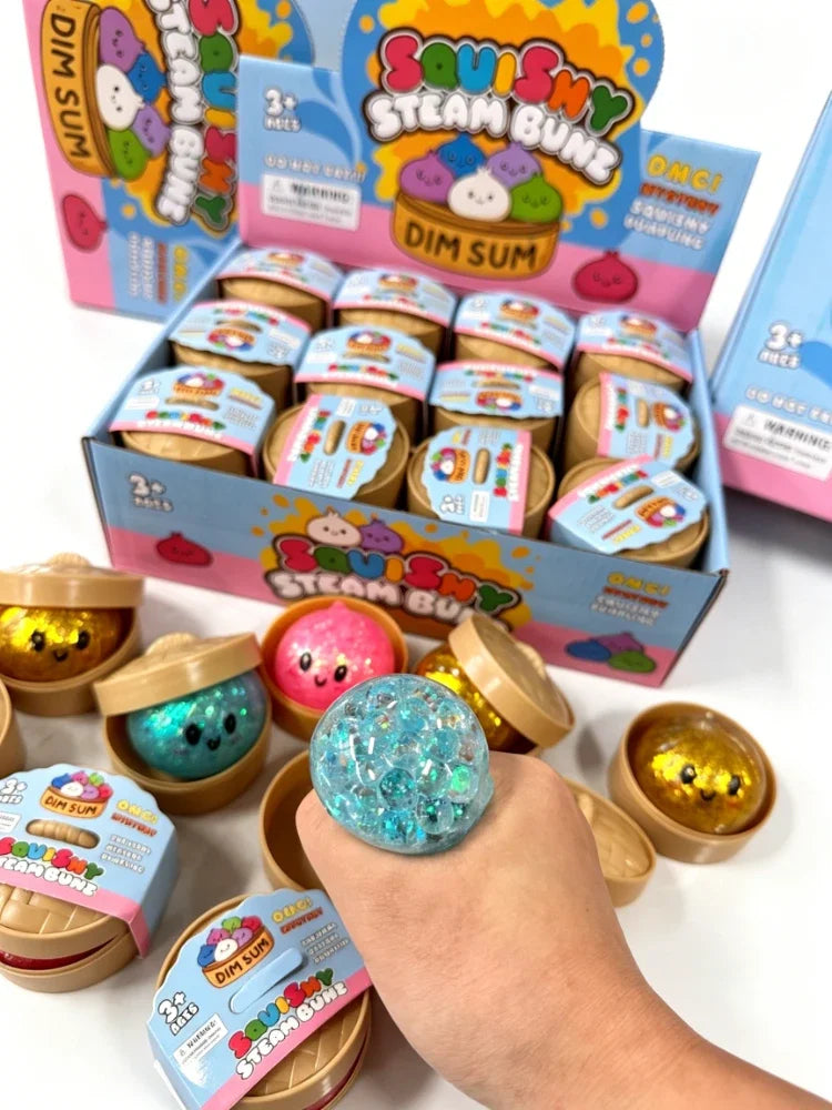Glitter Dumpling Squishy with Box Dumplings Sensory Steamer Soft TPR Dough Ball for Decompression Fidget Toy Stress Relief Gift
