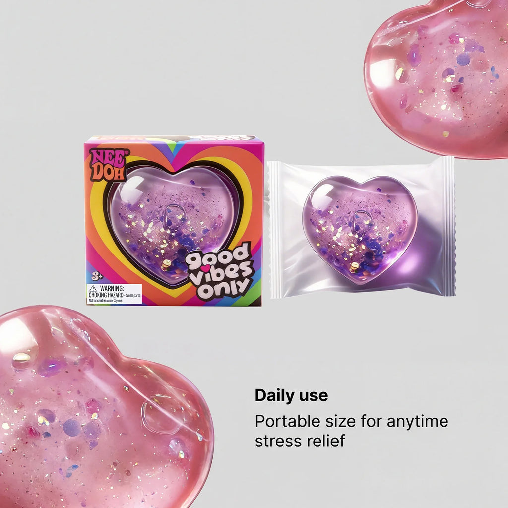 NeeDoh Heart Shaped Squeeze Toy, Glitter Filled Stress Relief Fidget Toy, Soft TPR Squishy for Kids Adults Anxiety Relief Gift